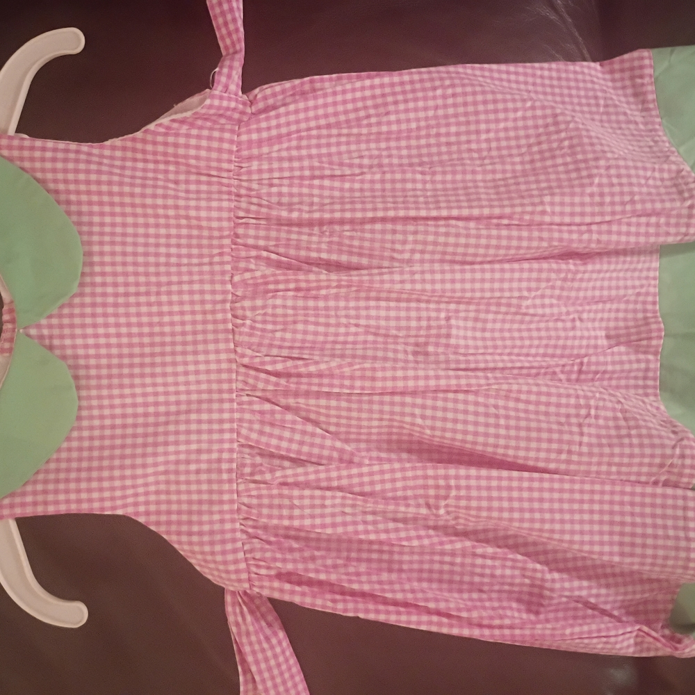 6-12 Months ...By Little Cactus. PINK GINGHAM DRESS WITH GREEN COLLAR AND HEM.